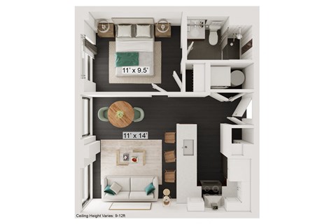 Floor plan for 1 bed, 1 bath, 469 sqft